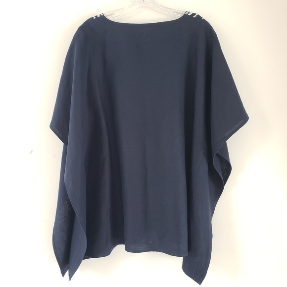 Talbots Navy + White Embroidered Poncho Linen, Size L - Picture 4 of 13